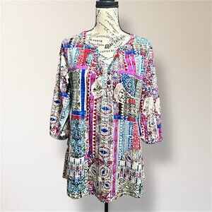 Kate Park PL Patchwork Print Button Tunic 3/4 Sleeve Blouse Gray Blue Boho Artsy